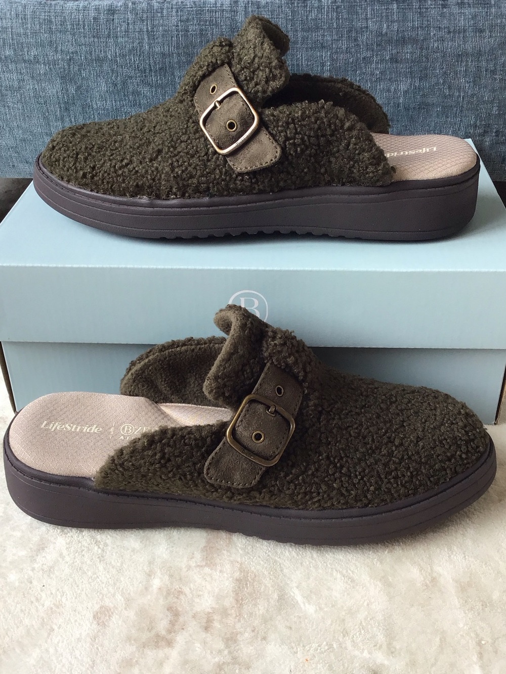 Life Stride Olive Vibe Cozy Sherpa Slip-On Clog with Buckle Detail
